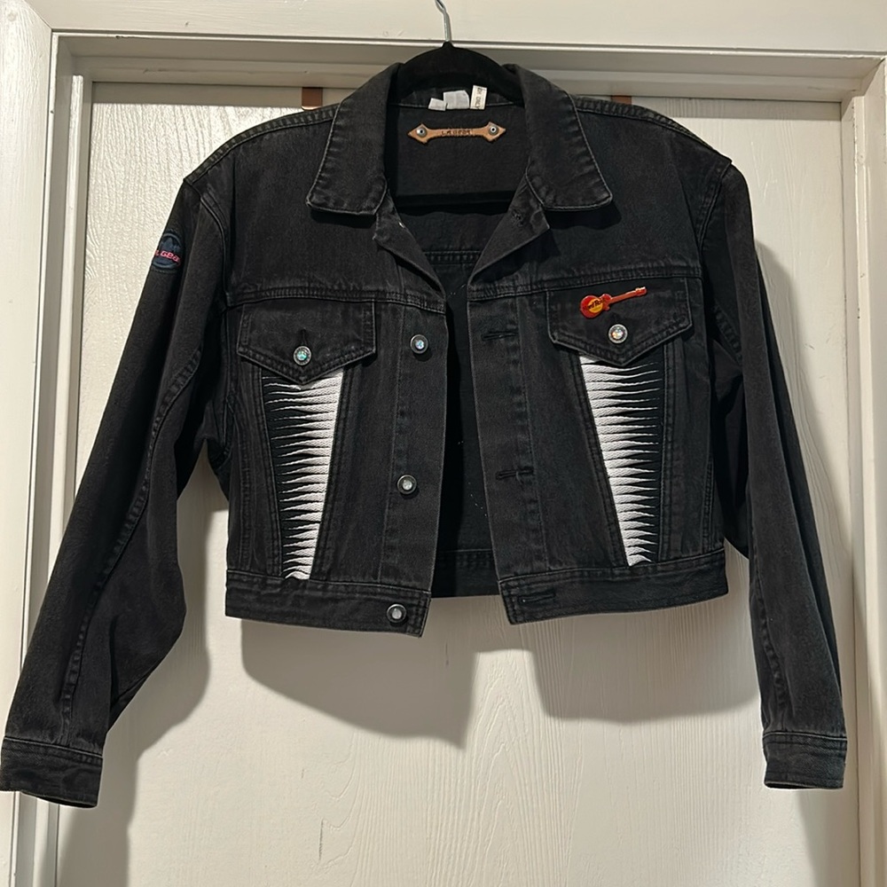 Vintage L.A. Gear Black Jean Jacket with Shoelace Design Size Medium